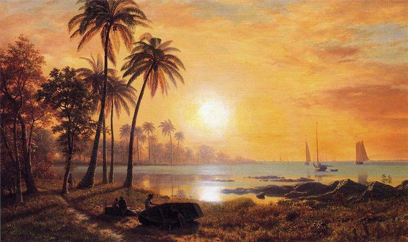 Albert Bierstadt Tropical Landscape with Fishing Boats in Bay oil painting image
